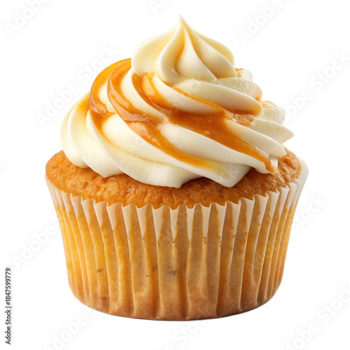 Delicious butterscotch cupcake with creamy frosting and caramel drizzle on transparent background, perfect for dessert lovers