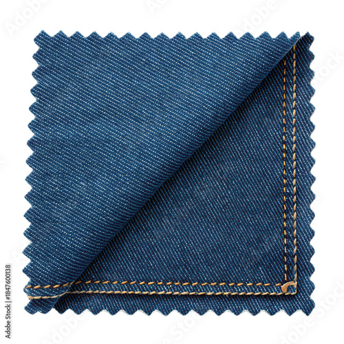 Denim fabric swatch with transparent background showcases rich blue color and detailed stitching, perfect for fashion design projects