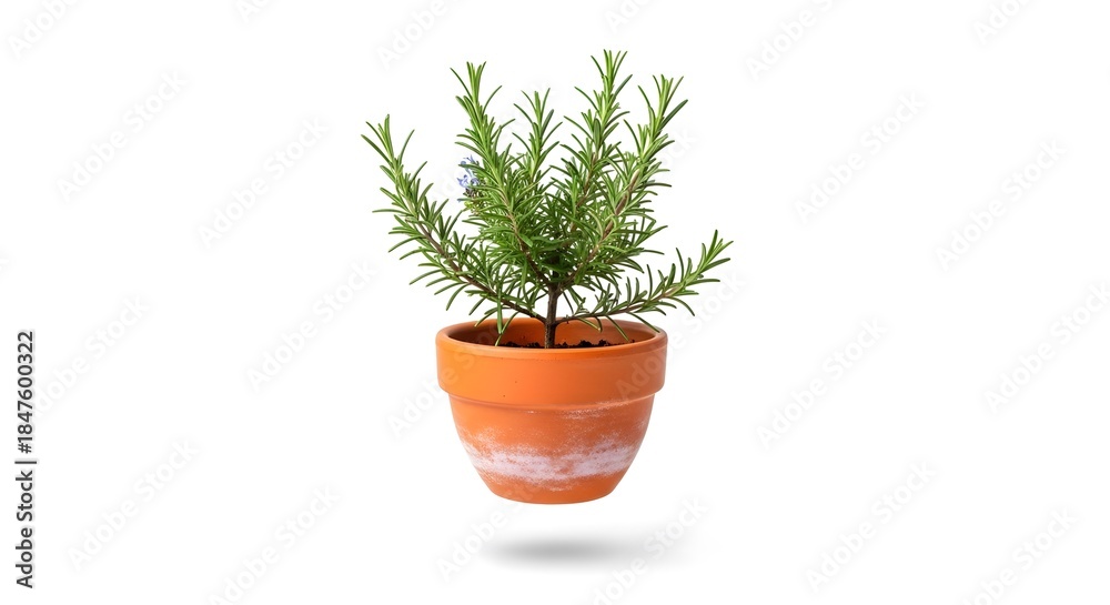 Fototapeta premium A small evergreen tree in a terracotta pot on a white background