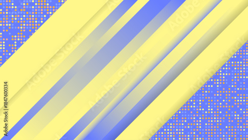 Abstract diagonal stripes pattern with yellow and blue hues. Abstract Geometric Background with Diagonal Gradient Stripes and Halftone Dot Pattern in Yellow and Blue Colors.