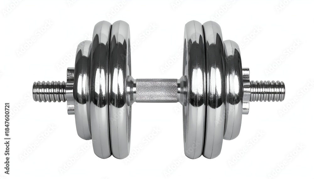 Fototapeta premium Close-up of a chrome dumbbell, weight plates stacked symmetrically, against a white backdrop