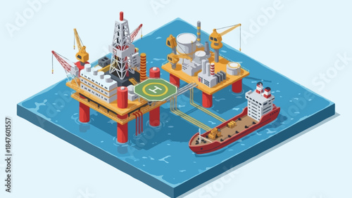 An isometric flat-style illustration of an offshore oil drilling platform in the ocean