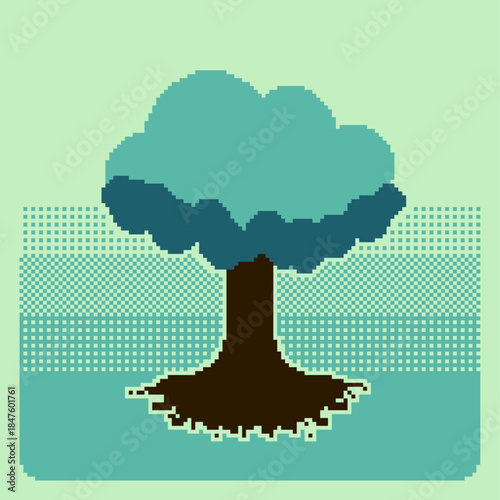 Isolated Tree with Full of Leaves Standing on Dithered Gradient Backdrop, Green Tone, Pixel Art Display Clipart