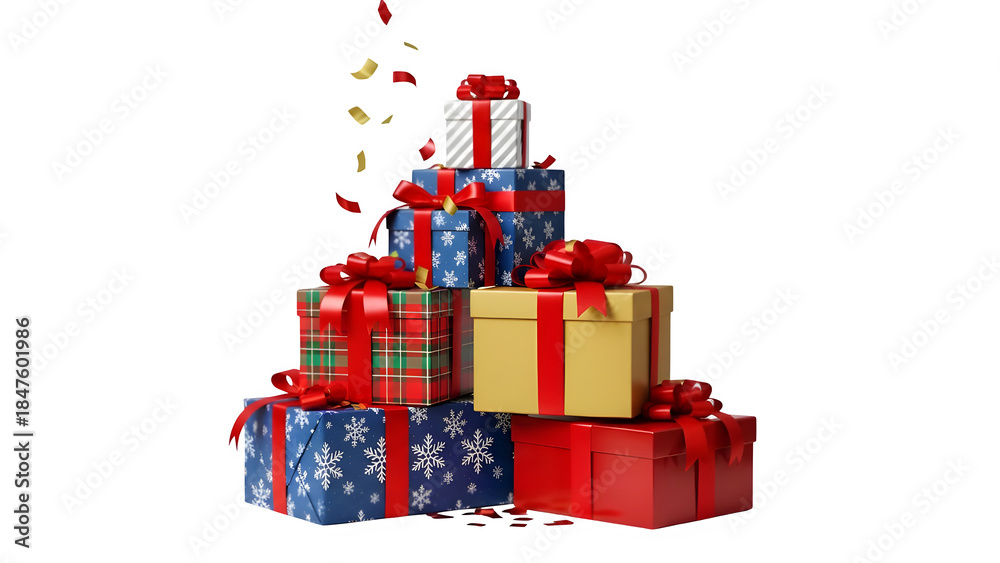Obraz premium Stack of Festive Christmas Gift Boxes with Ribbons and Confetti