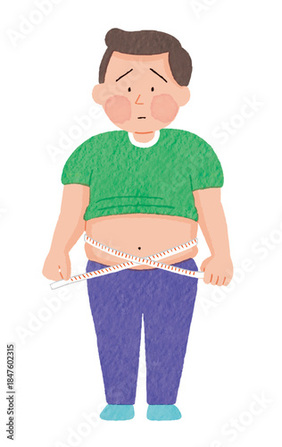 お腹まわりを気にする太った男性のイラスト｜肥満・メタボ・ダイエットの悩み