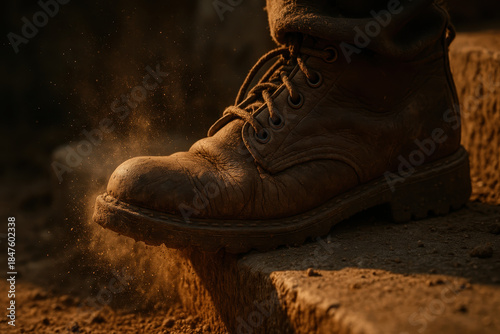 Close up of a worn leather work boot stepping on rough ground.