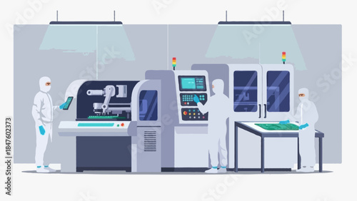 A detailed flat-style illustration of clean room technicians working in an electronics factory, wearing full protective suits, monitoring PCB production equipment