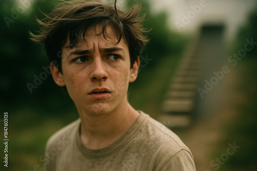 Young Boy With Intense Expression Looking Off Camera.