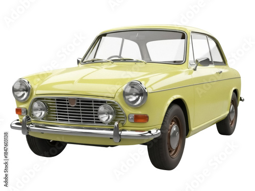 Isolated vintage 1960s passenger car, a beautiful classic vehicle from the past, light yellow color
