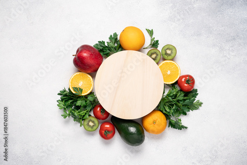 Healthy Eating and Weight Loss Concept with Fresh Vegetables and Fruits Around Empty Round Wooden Podium Flat Lay, Top View