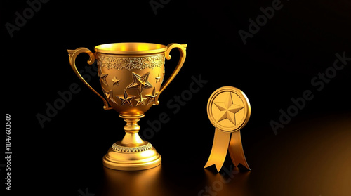 Shiny golden trophy cup and medal representing achievement and excellence on a dark background