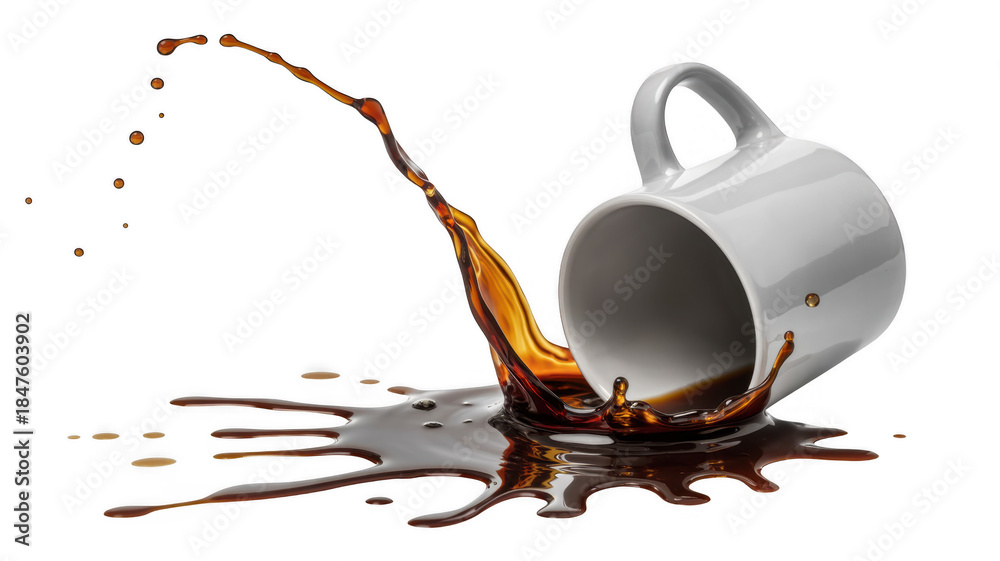 Fototapeta premium White coffee cup pouring coffee coffee pouring coffee spill isolated on a transparent background