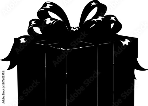 Black Silhouette of a Gift Box with Ribbon Bow, Ready for Celebration