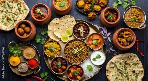 A vibrant and aromatic traditional indian feast with various curries, breads, and spices
