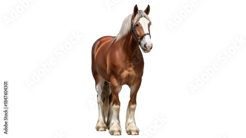 Tableau sur toile Isolated chestnut draft horse standing, wearing bridle or halter, facing forward