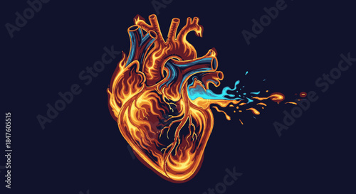 A vivid, stylized human heart glows with fiery energy and splashes cool blue liquid, representing intense passion, vitality, and emotional depth on a dark canvas.
