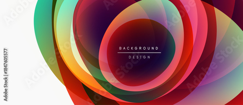 Abstract colorful layers create dynamic circular design. Vibrant hues blend, forming modern background. Text reads background design.