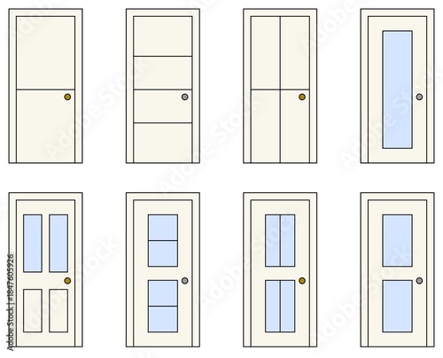 Interior door designs vector set with panel and glass options