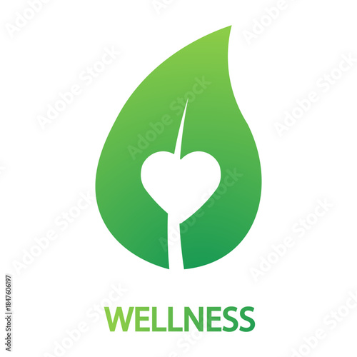 Green leaf icon with heart symbol and wellness text