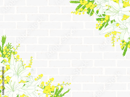 ゆりとミモザの背景②ななめ_白レンガ
