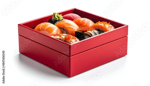 A red square box filled with various sushi pieces, viewed at eye level on a white backdrop