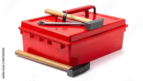A red toolbox holds tools, including hammers and a wrench, on a white background