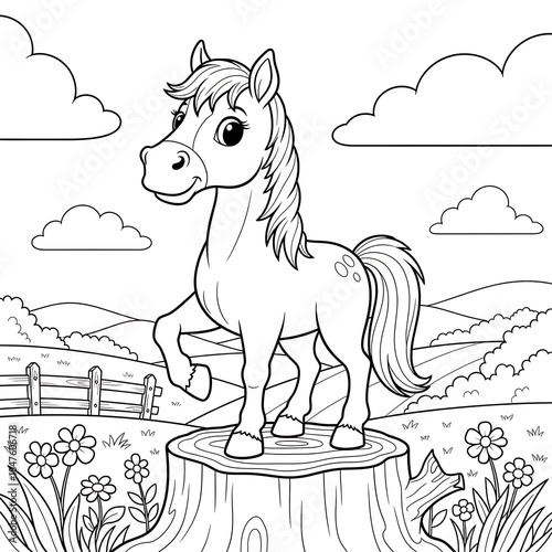 Cartoon Horse in Meadow Coloring Page