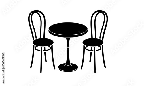 Bistro Cafe Table and Chairs Set, Round Restaurant Dining Furniture Silhouette, Outdoor Patio Seating Vector Illustration, Coffee Shop Furniture Icon for Hospitality Branding