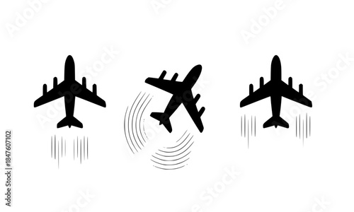 Airplane Flight Path Icon Set, Aircraft Takeoff and Landing Silhouette, Commercial Aviation Travel Symbols, Plane Flying with Motion Lines for Logistics Branding
