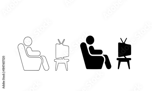 Man Watching Television in Armchair Icon Set, Person Relaxing at Home Vector Illustration, Living Room Entertainment Silhouette and Outline Symbol