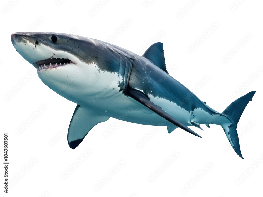 Fototapeta premium Isolated Great White Shark swimming gracefully through ocean waters, a marine predator