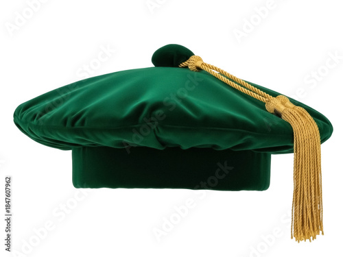 Isolated doctoral academic mortarboard graduation cap with gold bullion tassel for commencement