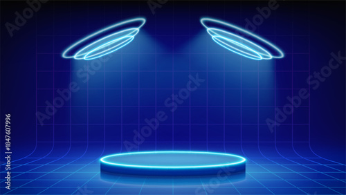 Futuristic blue stage, spotlights, podium. Mesh floor with round podium illuminated by circular cyan blue neon, led. Background for displaying products, presentation. Backdrop. Showcase. Vector
