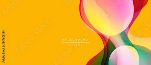 Abstract colorful shapes overlap, creating dynamic visual effect. Bright yellow background enhances vibrant design elements.