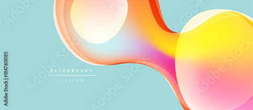Abstract fluid shapes, vibrant colors blend. Light blue backdrop complements orange, yellow gradients. Modern design element.