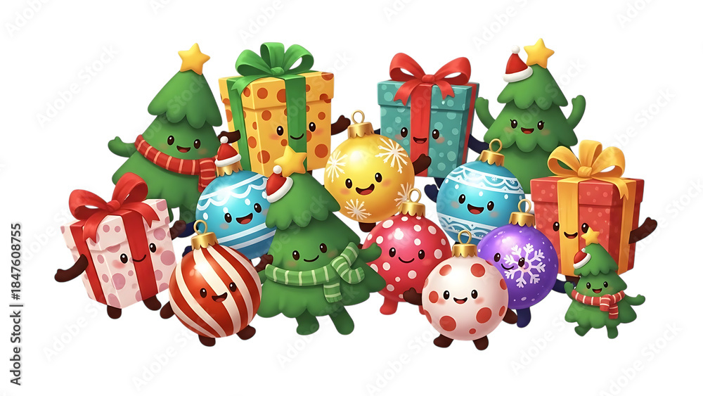 Fototapeta premium Festive christmas tree characters with gifts and ornaments
