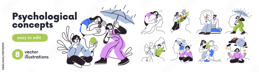 Fototapeta premium Psychology and mental health, abstract concepts set. Self therapy, love, care, help and support. Mind, head and brain, coping with emotions. Flat vector illustrations isolated on white background