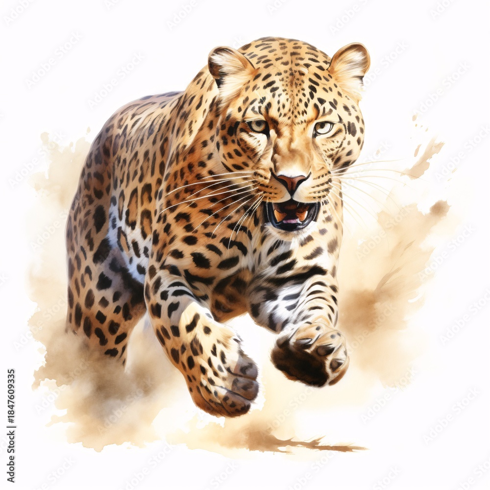 Fototapeta premium Leopard leaps forward in a dynamic watercolor painting
