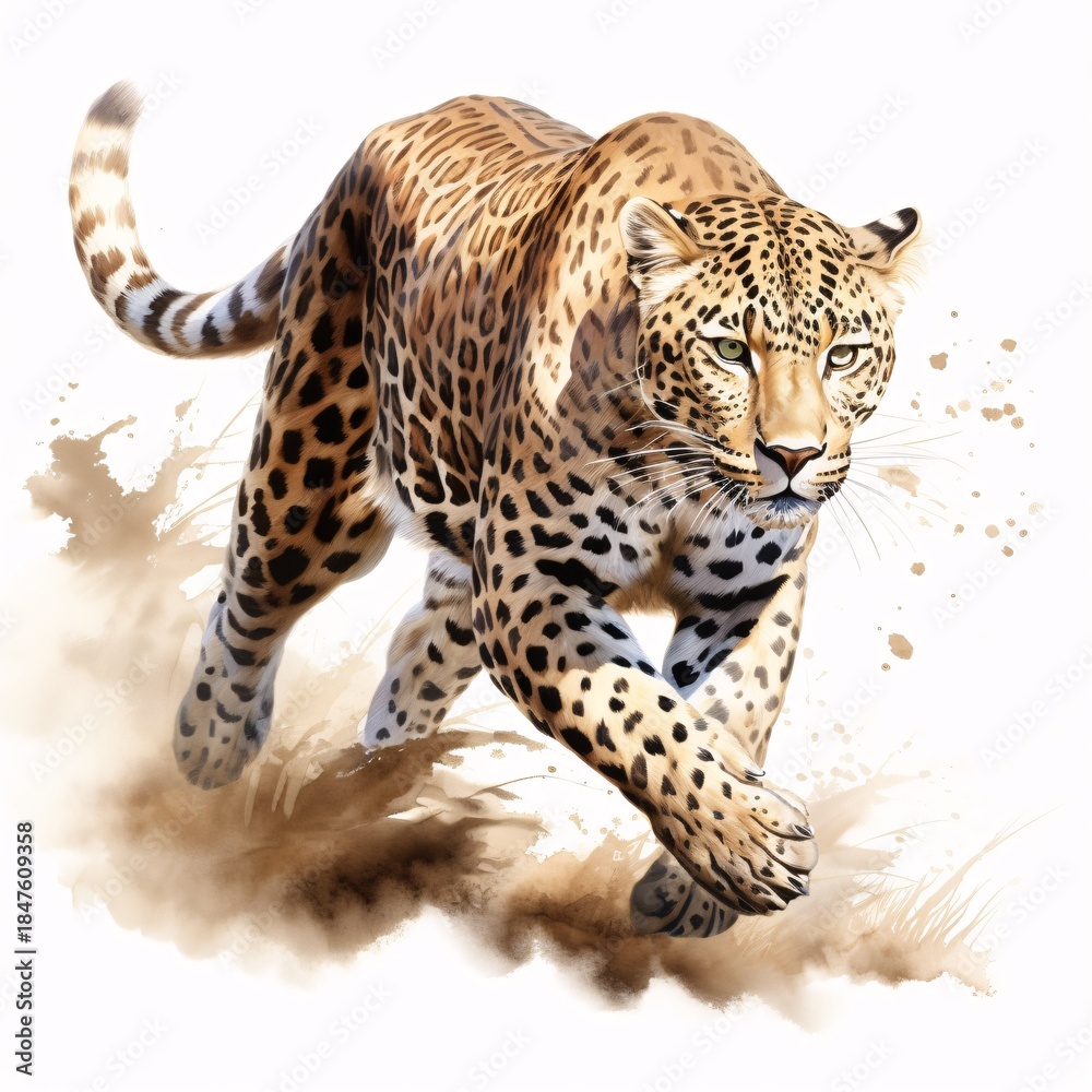 Obraz premium Leopard strides forward with focus and determination against a white backdrop