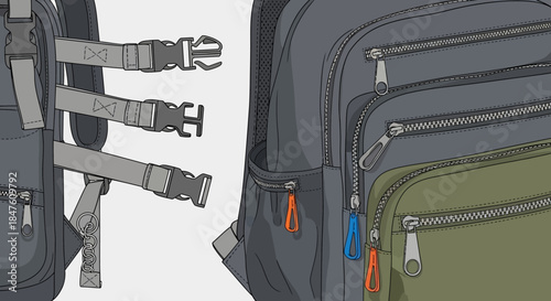 Backpack with multiple pockets and straps.