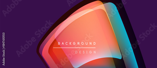 Abstract shapes overlap, creating vibrant color gradients. Purple background contrasts warm orange, cool teal hues. Text reads background design.