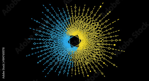 A captivating abstract digital illustration showcases a dynamic spiral of interconnected blue and yellow geometric shapes, creating a visually striking pattern against a deep black background,