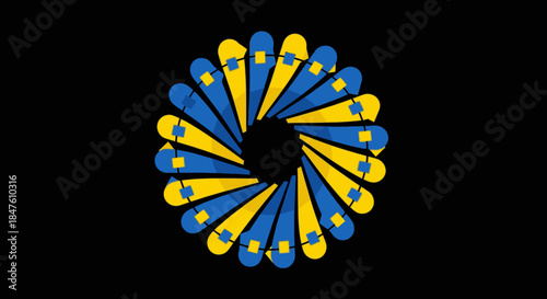 A dynamic graphic illustration features an abstract circular arrangement of blue and yellow skateboards rotating on a stark black background.