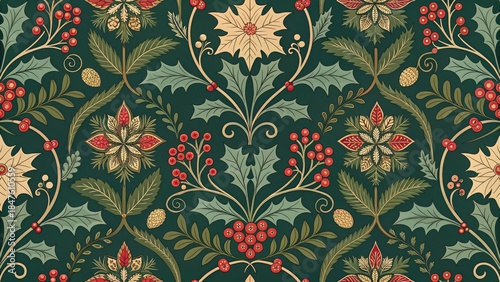Elegant vintage Christmas pattern with holly, berries, and ornaments on dark green. Ideal for holiday greeting card sites, interior design blogs, and DIY gift wrap tutorials.