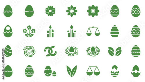Green icons representing easter eggs, flowers, nature, and spring themes in a set.