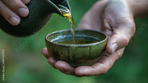 Pouring Herbal Tea Into Small Ceramic Cup in Nature