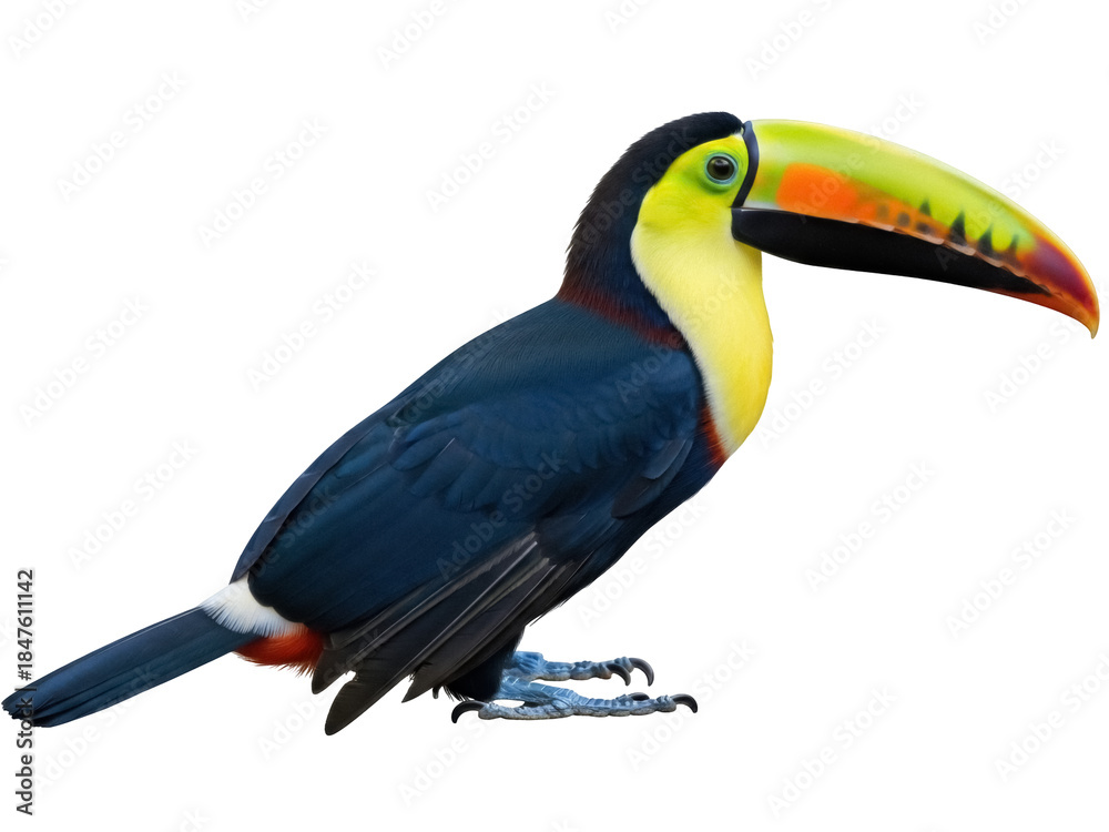Naklejka premium Isolated Channel-billed Toucan with its uniquely patterned bill and bright color plumage