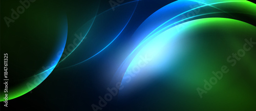 Abstract flowing shapes, vibrant blues, greens dominate dark background. Light radiates from central point, creating dynamic visual effect.