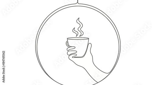 One Line Drawing: Hand Gently Holding a Cup Emitting Steam | Editable EPS vectors.