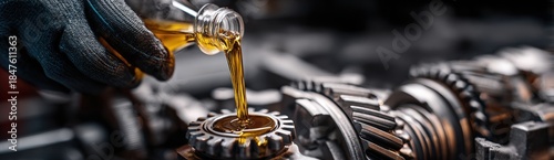 A hand holds a bottle and pours oil onto a gear in a machine shop. The setting is busy and focuses on maintenance for machines to work properly and efficiently
